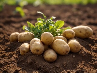 Potatoes in garden dirt soil Food Crop Vegetable Harvest Farming Organic Produce Agriculture Industry.