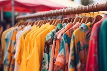 Close up view of colorful wardrobe filled with vibrant vintage clothing in bright hues