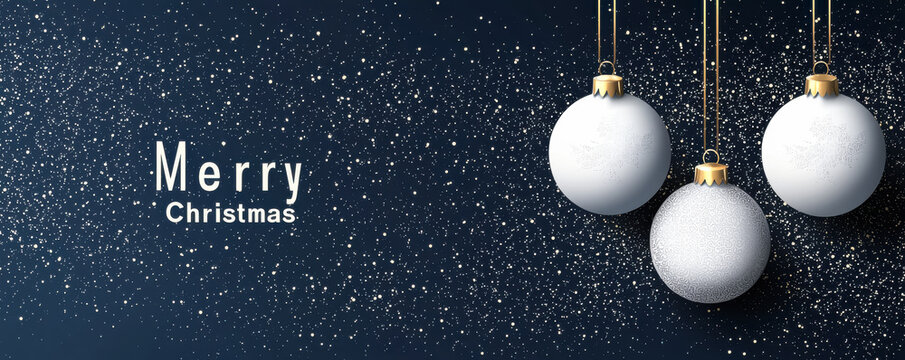 Snowy Christmas Baubles on a Starry Night. A magical Christmas illustration featuring white ornaments against a snowy, starlit sky with "Merry Christmas".
