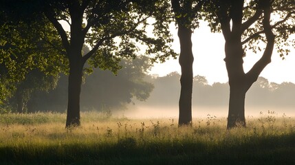 Fototapeta premium A serene early morning landscape with soft light filtering through trees, creating a peaceful atmosphere