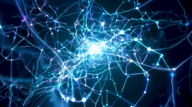 Camera moving through nerve cells in human brain. Neuronal firing. Brain network