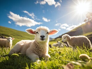 Fototapeta premium A playful lamb relaxes in a sunny green meadow while other sheep graze on a clear day in the countryside