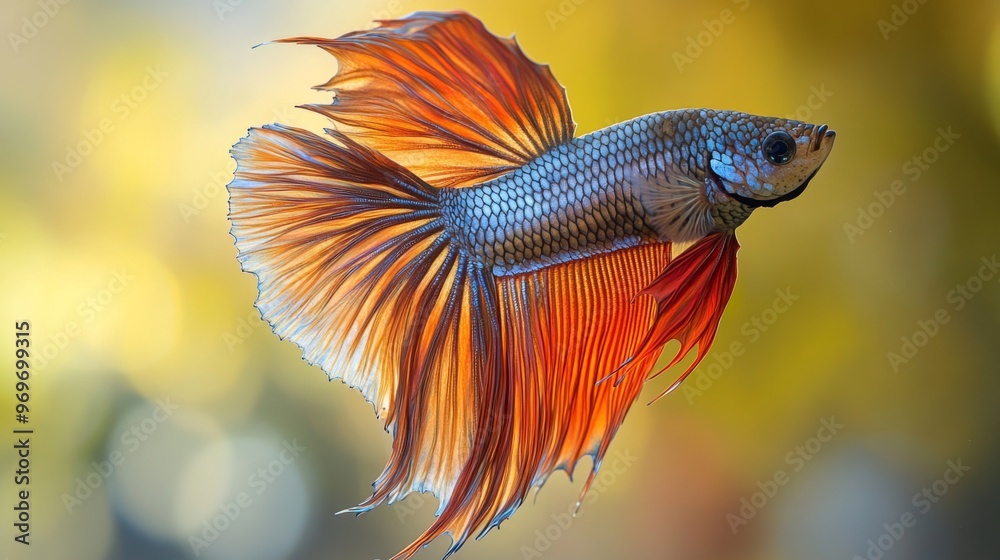 Poster High-resolution close-up of a Betta fish with a dramatic display of its flowing fins and vivid colors, in a serene aquarium setting with natural light.