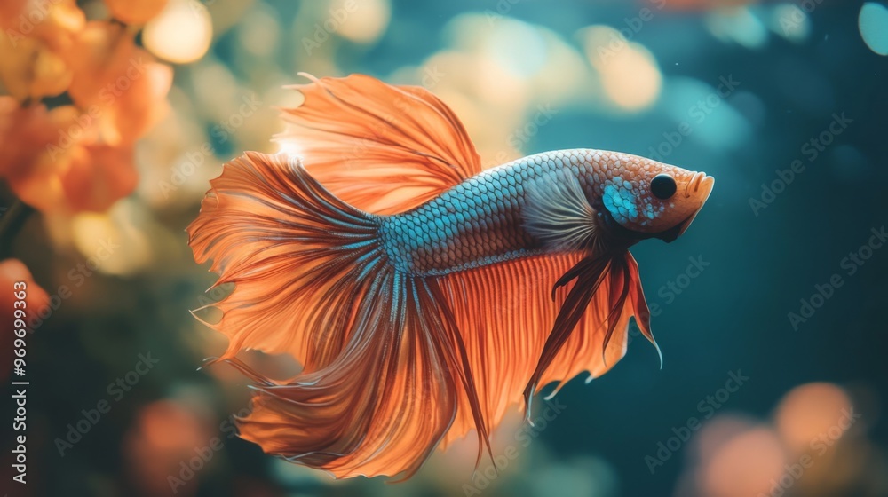 Poster High-resolution close-up of a Betta fish with a dramatic display of its flowing fins and vivid colors, in a serene aquarium setting with natural light.