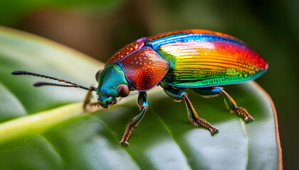 Fototapeta premium Jungle Insects- A Detailed Close-Up of a Colorful Jungle Beetle