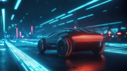 Fototapeta premium Futuristic Car Driving on Neon Road.