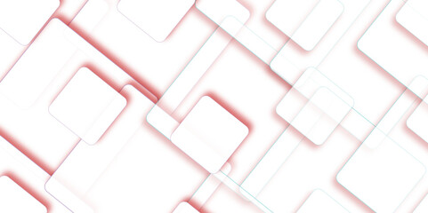 Abstract design with white, red transparent material in triangle and square shapes on white background. White squares repeating rectangles shape on red and white background. 