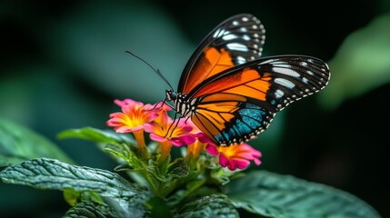 High-resolution close-up of a butterfly perched on a flower, showcasing its colorful wings, delicate details, and the flower's texture.