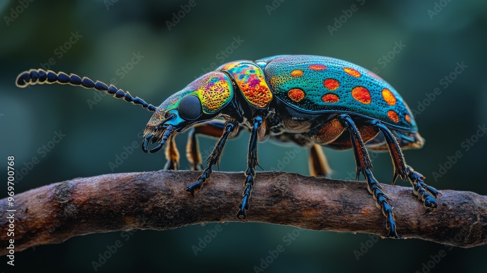 Poster High-resolution close-up of a colorful beetle on a branch, highlighting its vivid patterns and glossy exoskeleton against a contrasting background.