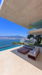 Fototapeta premium A modern outdoor furniture set features two wooden-framed sofas with gray cushions and a natural wood coffee table, perfect for enjoying summer days by the sea