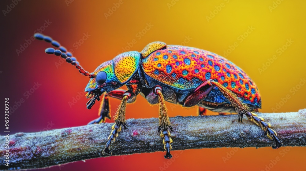Poster High-resolution close-up of a colorful beetle on a branch, highlighting its vivid patterns and glossy exoskeleton against a contrasting background.