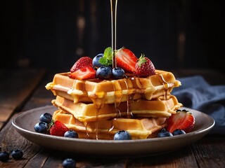 Delicious stack of golden waffles topped with strawberries, blueberries, and syrup for a perfect breakfast treat
