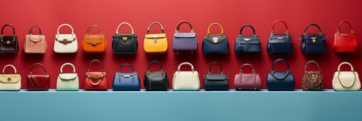 Assortment of stylish red and blue women s bags showcased on a vivid yellow background