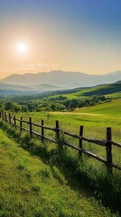 A picturesque rural landscape featuring a vibrant green field with a rustic fence and distant hills under a bright sun