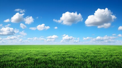 Obraz premium Lush green grass fields stretching into the horizon under a clear blue sky with fluffy white clouds