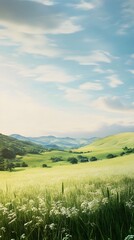 Fototapeta premium A panoramic view of a serene grass field with rolling hills, ideal for nature-themed projects