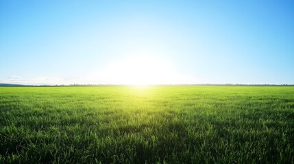 Fototapeta premium A vast green field under a clear blue sky, with soft sunlight illuminating the grass and creating long shadows