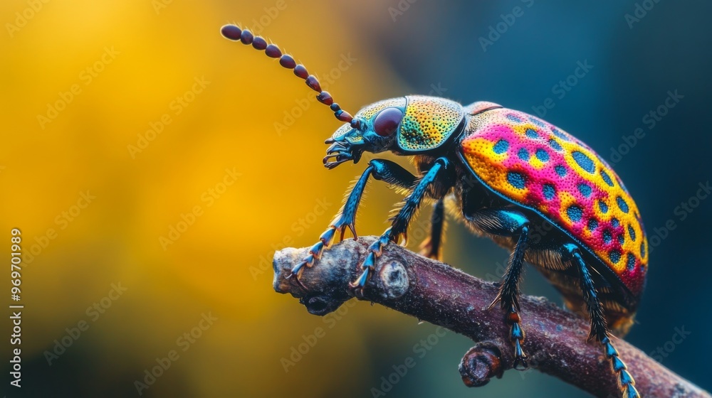 Aufkleber high-resolution close-up of a colorful beetle on a branch, highlighting its vivid patterns and gloss