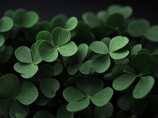 A close up of green clovers on a black background.