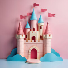 A whimsical pastel castle featuring blue and pink flags atop its turrets, set against a soft pink background, evoking a dreamy and fairy tale atmosphere.