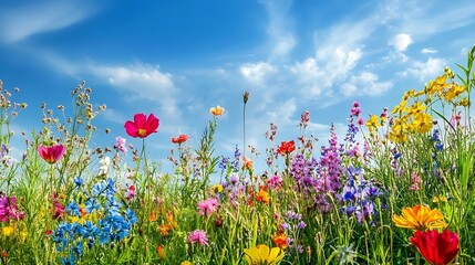 A vibrant field of wildflowers with an array of colors under a clear blue sky, creating an idyllic scene
