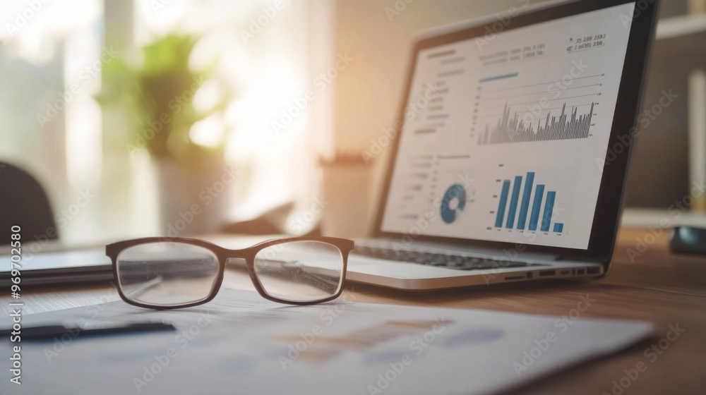 Leinwandbilder High-resolution close-up of a financial report with graphs and charts, showcasing detailed analysis and data visualization on a modern desk.