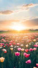 A panoramic view of sunlit flower fields stretching into the horizon, perfect for nature enthusiasts
