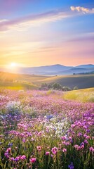 Fototapeta premium A panoramic view of sunlit flower fields stretching into the horizon, perfect for nature enthusiasts