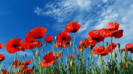 A vibrant field of red poppies swaying gently in the breeze under a bright blue sky