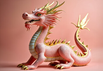 Fototapeta premium A detailed sculpture of a pink dragon with gold accents, showcasing intricate scales and a fierce expression, set against a soft pink background.