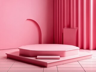Dynamic pink interior space featuring an octagonal platform and textured walls, designed for creative events and exhibitions