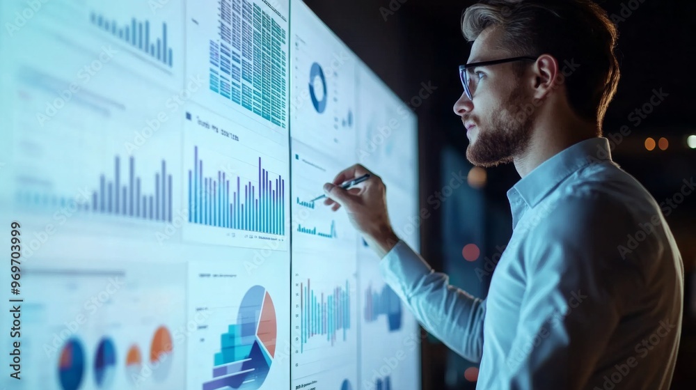 Aufkleber High-resolution close-up of a young businessman giving a presentation with a projector screen displaying graphs and data, emphasizing his engaging delivery.