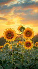 Fototapeta premium A panoramic shot of a field of sunflowers at sunset, their faces turned towards the fading light, creating a vibrant foreground