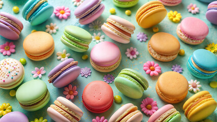 Obraz premium Colorful macarons with flowers and candies on a pastel background