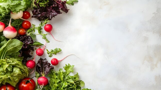 A top-down view of a colorful selection of leafy greens, tomatoes, and radishes with ample copy space on a pale backdrop