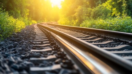 Fototapeta premium High-resolution close-up of railway tracks with sunlight glinting off the metal rails, set against a background of lush green vegetation.