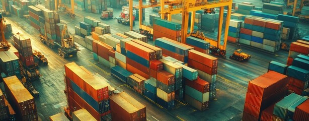 An aerial view of an international port with many colorful shipping containers stacked together, surrounded by cranes and trucks in the background Generative AI