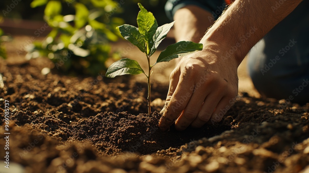 Poster high-resolution image of a gardener planting a sapling in a garden bed, showing detailed soil prepar