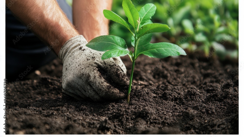 Poster high-resolution image of a gardener planting a sapling in a garden bed, showing detailed soil prepar
