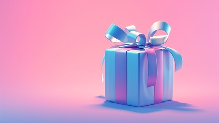 3D-rendered metallic gift box featuring a soft, pastel gradient of pink and blue tones, Metallic Gift Box with Pink and Blue Ribbon on Gradient Background,Ideal for celebrations, holiday promotions