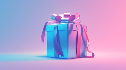 3D-rendered metallic gift box featuring a soft, pastel gradient of pink and blue tones, Metallic Gift Box with Pink and Blue Ribbon on Gradient Background,Ideal for celebrations, holiday promotions