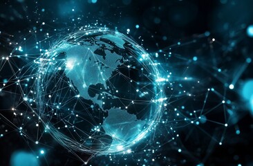 Obraz premium Globe Surrounded by Digital Connections Representing Global Technology Interconnections, with Dark Background and Blue/Silver Accents for Cybersecurity. Includes Blurred Tech Network Grid and Vector G