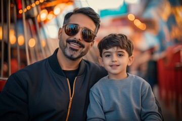 Fototapeta premium Father and son enjoying family time together at amusement park