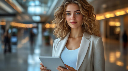 businesswoman with a digital tablet, embodying professionalism and modern success, stands in a bright, modern office, showcasing her expertise and elegance