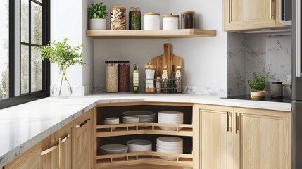 Fototapeta premium Kitchen access mechanism Magic corner for Blind Corner Cabinets. Solution for a kitchen corner storage in cupboard. Corner unit with pull out shelves for cookware.