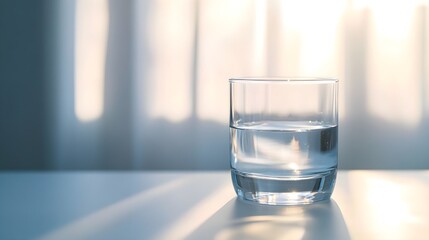 A clear water glass filled with fresh water, sitting on a smooth white surface, with soft natural light illuminating it from the side