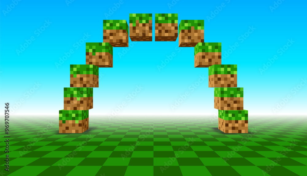 Poster Arch shape made of 3D cubes in retro pixel game style. Voxel cubes with grass and ground, in the shape of a gate
