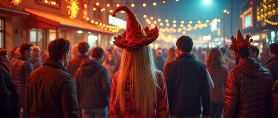 Fototapeta premium A group of people standing in a crowded street at night
