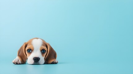 A small beagle puppy with floppy ears, playfully lying on a smooth light blue surface, surrounded by empty space for text or design