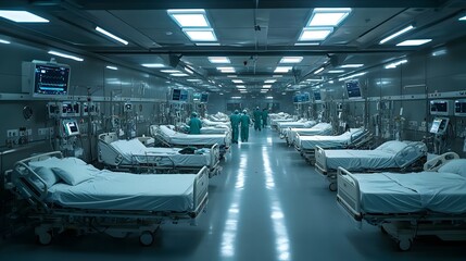 Obraz premium Overhead View of Pristine Hospital Ward with Rows of Medical Beds and Advanced Monitoring Equipment